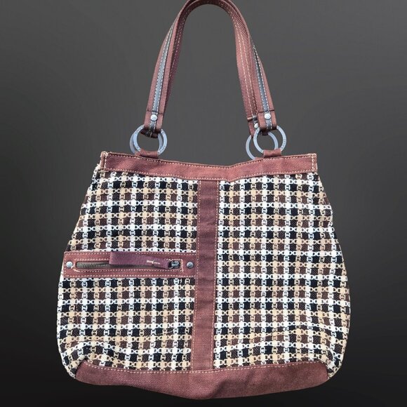 Y2K Brown Tweed Shoulder Bag Large Canvas Academia Fall Autumn Downtown Girl - Picture 3 of 13